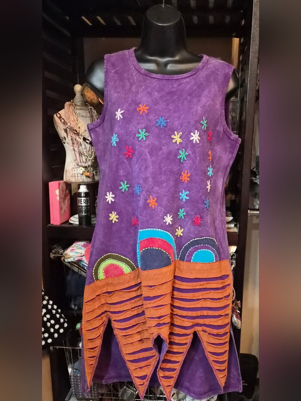 Shop Therapy Purple Whimsical Tank Dress/Tunic Size Large Embroidery Boho